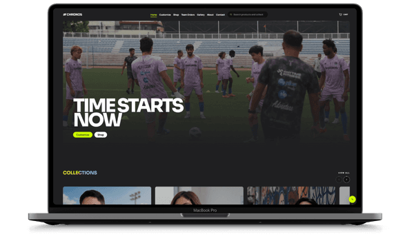 Chronos Athletics headless Shopify storefront showing product discovery and team ordering