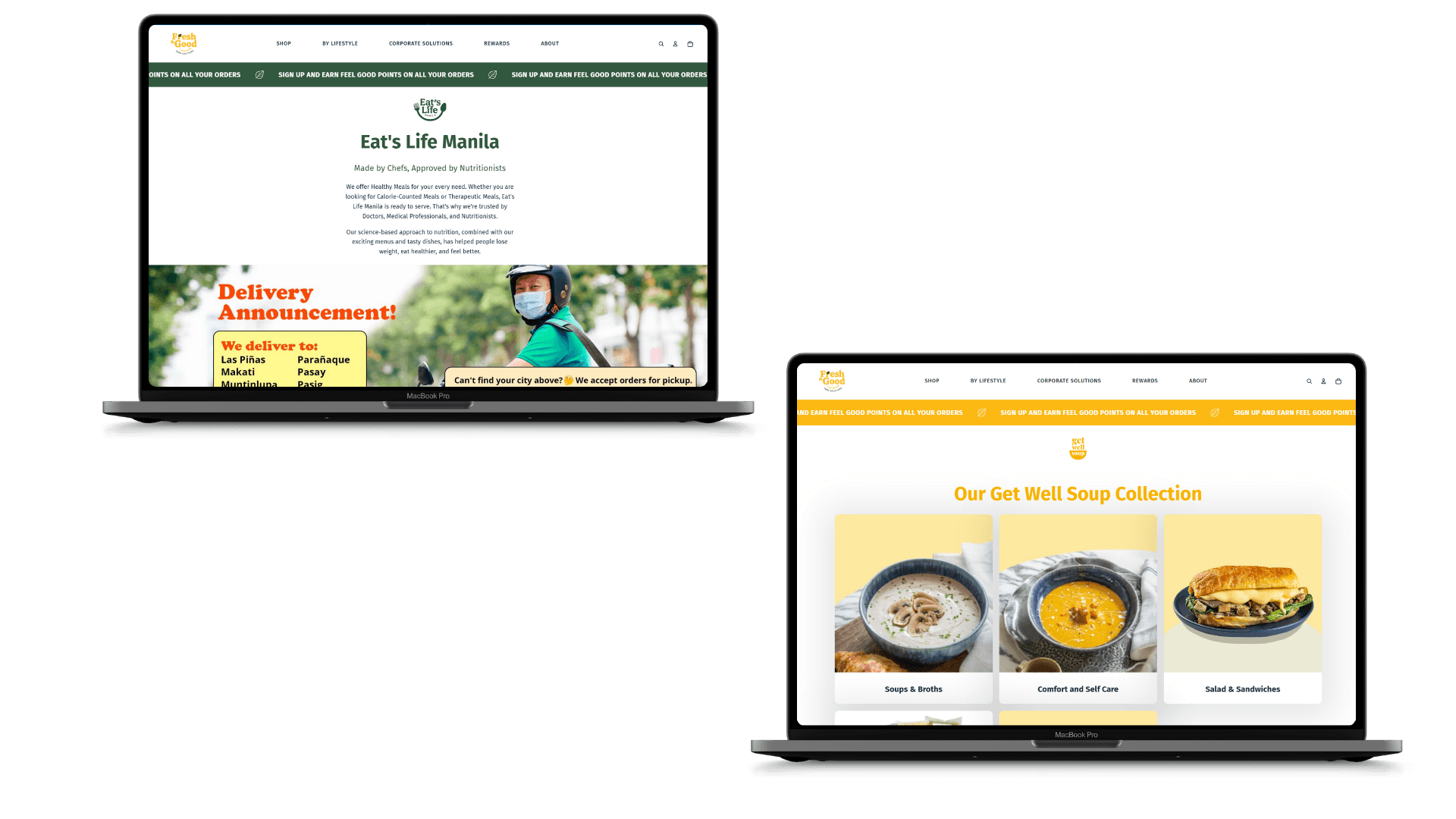 Examples of distinct brand presentations within the shared Fresh and Good Food storefront